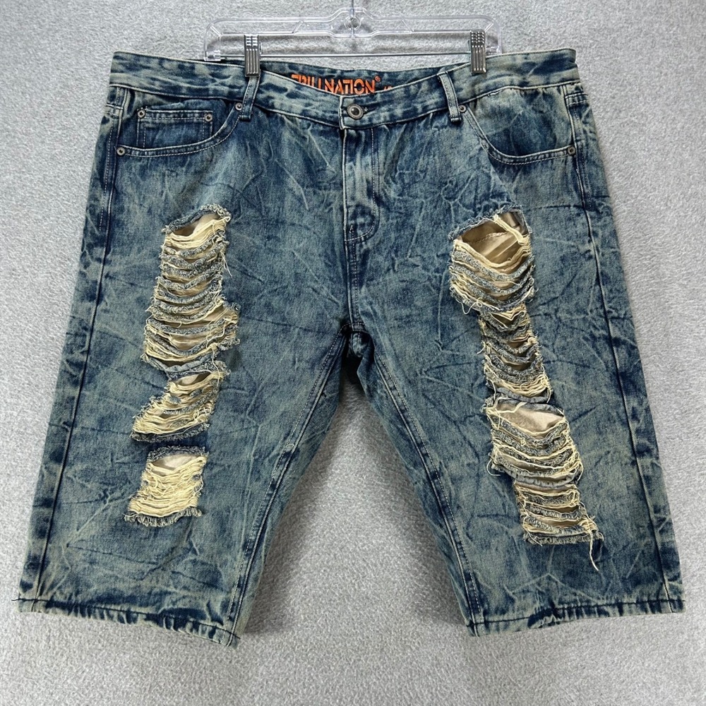 Trillnation Denim Shorts Mens 42 Blue Distressed Acid Wash Streetwear Y2K